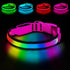 Pink USB rechargeable LED dog collar with RGB 7-color glow, adjustable soft nylon, waterproof safety collar for small and medium dogs