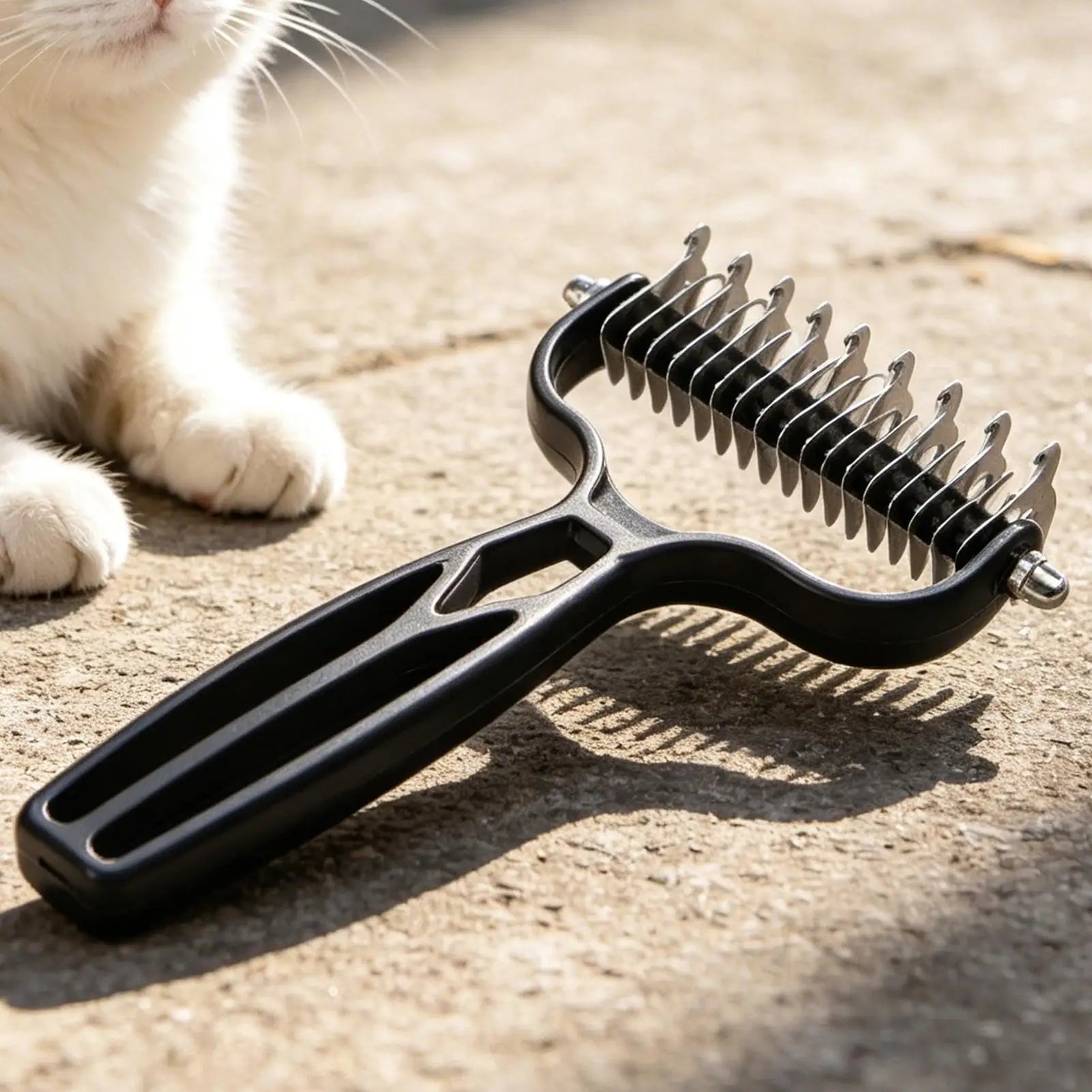 pet deshedding brush for cats and dogs, stainless steel grooming rake removes loose fur and tangles