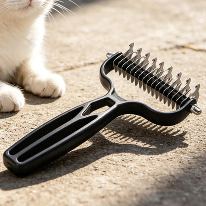 pet deshedding brush for cats and dogs, stainless steel grooming rake removes loose fur and tangles