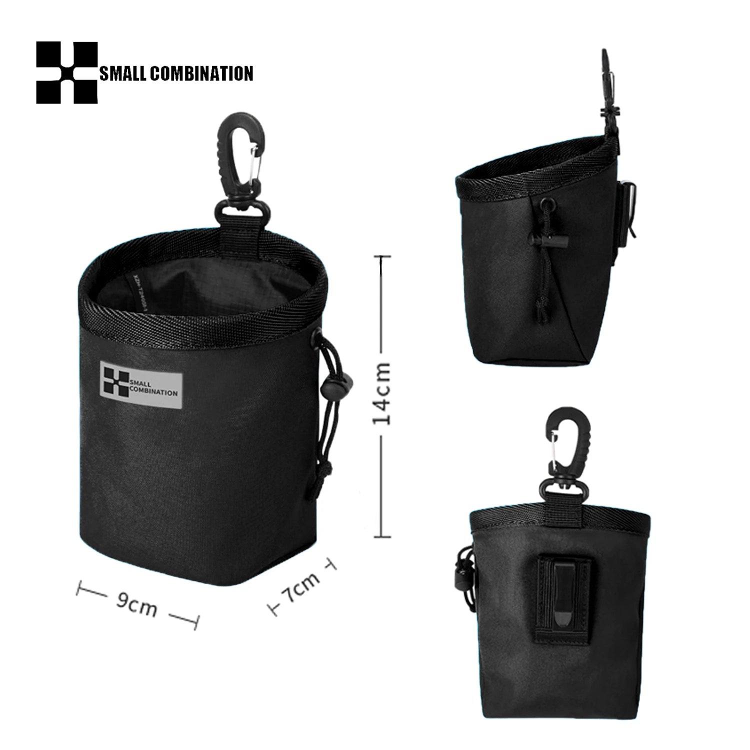 small black pocket leash pouch with clip, measuring 14cm, for reflective no pull dog harness set