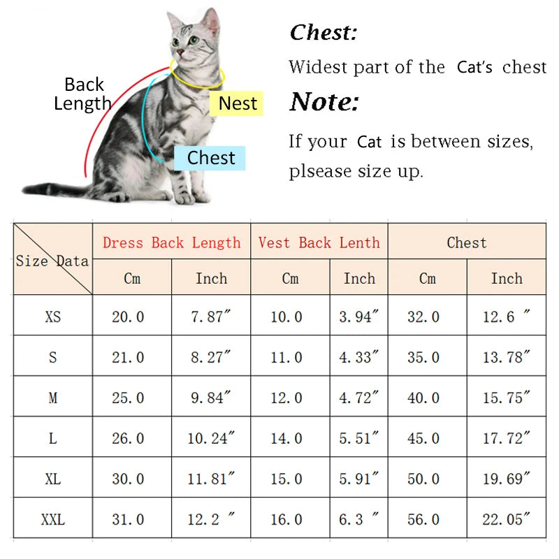 plaid pet dress with leash size chart for cats and small dogs, chest and back length measurements