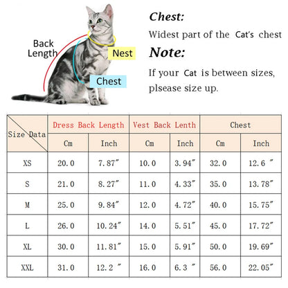 plaid pet dress with leash size chart for cats and small dogs, chest and back length measurements