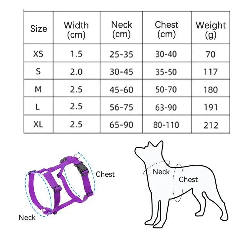 Adjustable dog harness size chart showing neck and chest measurements with purple H-shaped harness