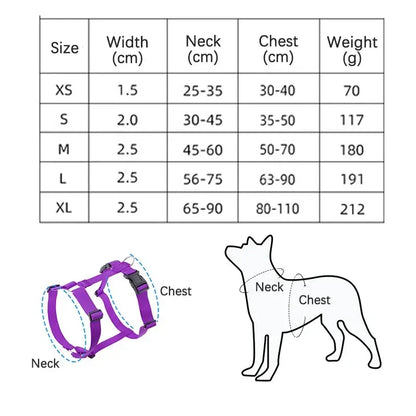 Adjustable dog harness size chart showing neck and chest measurements with purple H-shaped harness
