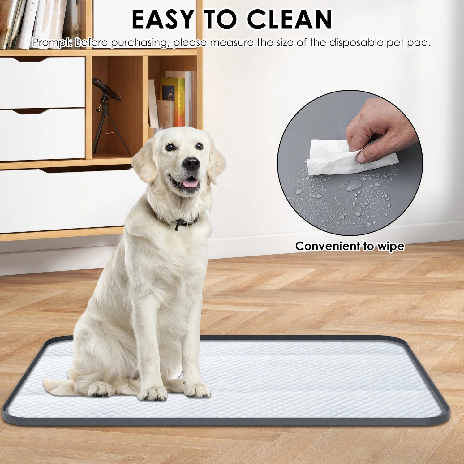 Golden retriever sitting on a washable dog pee pad, easy to clean, wipeable surface.
