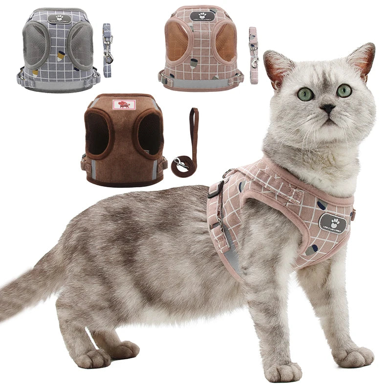 Adjustable cat and small dog harness and leash set, breathable plaid vest harness for cats and kittens, reflective and secure