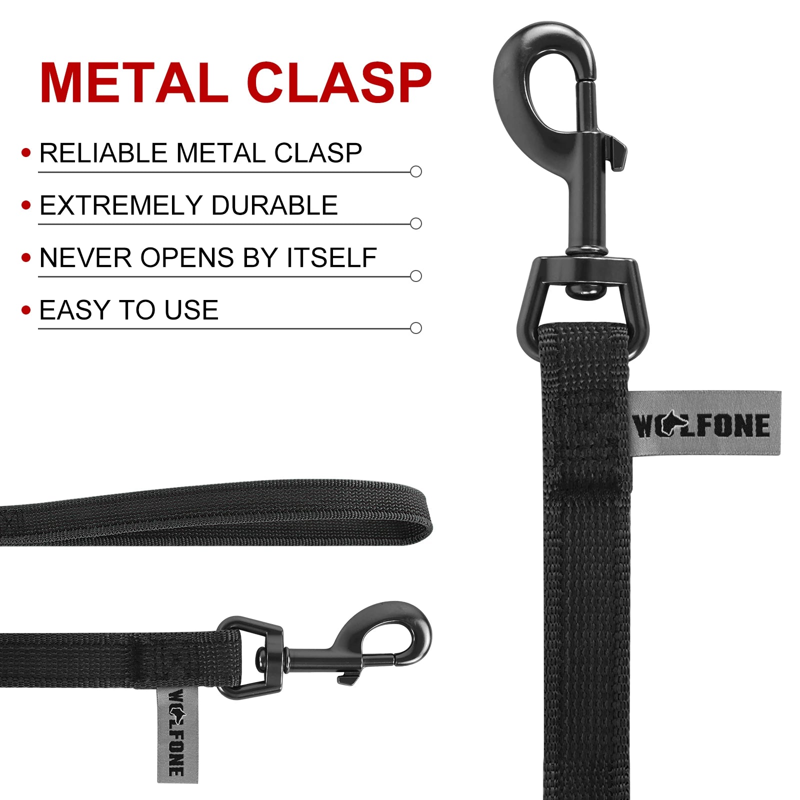 Long dog training leash with durable metal clasp, easy-to-use secure clip, and strong black webbing for reliable dog training