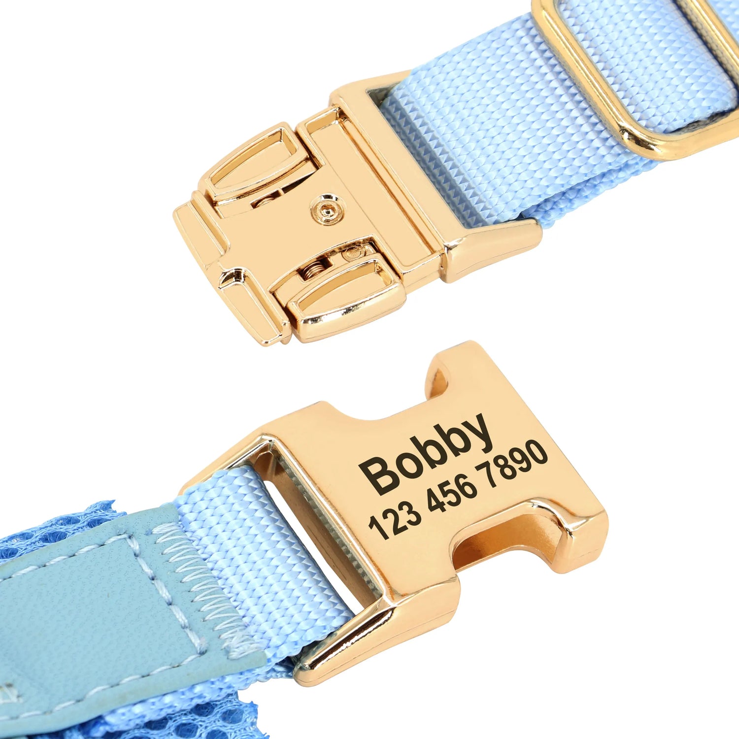 personalized no pull dog harness with adjustable blue strap and free engraved gold buckle for medium large dogs