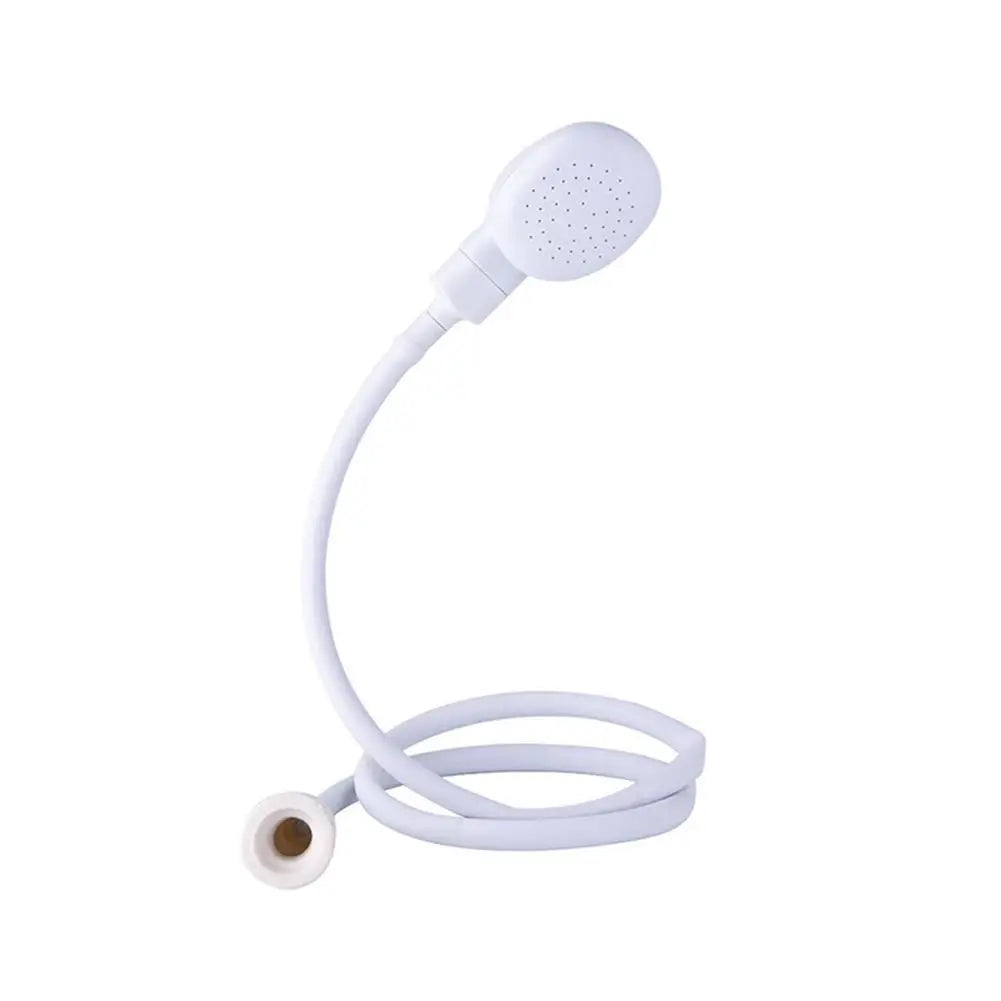 White pet bathing shower head with hose for dog and cat cleaning and grooming, easy garden sprayer