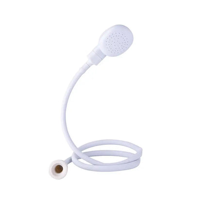 White pet bathing shower head with hose for dog and cat cleaning and grooming, easy garden sprayer