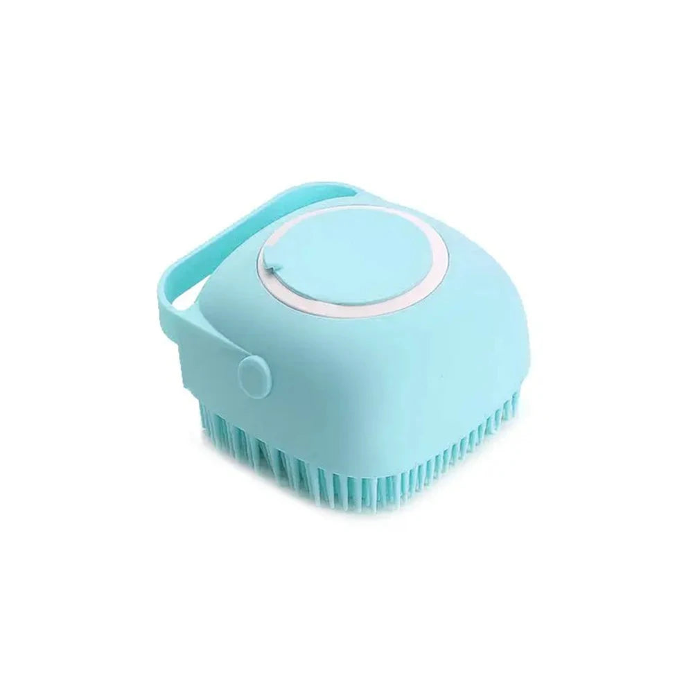 Blue silicone pet bathing brush with shampoo dispenser and soft massage bristles for dog and cat grooming