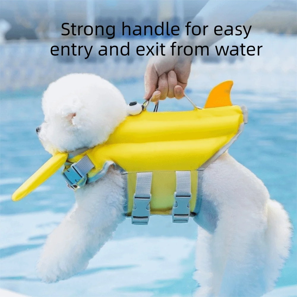 adjustable dog life jacket with strong handle for easy water entry and exit, yellow flotation vest for dogs