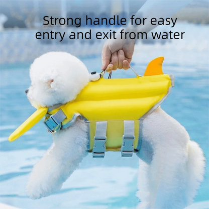 adjustable dog life jacket with strong handle for easy water entry and exit, yellow flotation vest for dogs