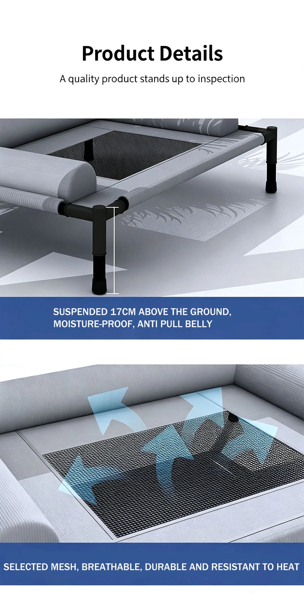 Elevated cooling dog cot bed with breathable mesh and pillow, suspended 17cm above ground for indoor and outdoor use