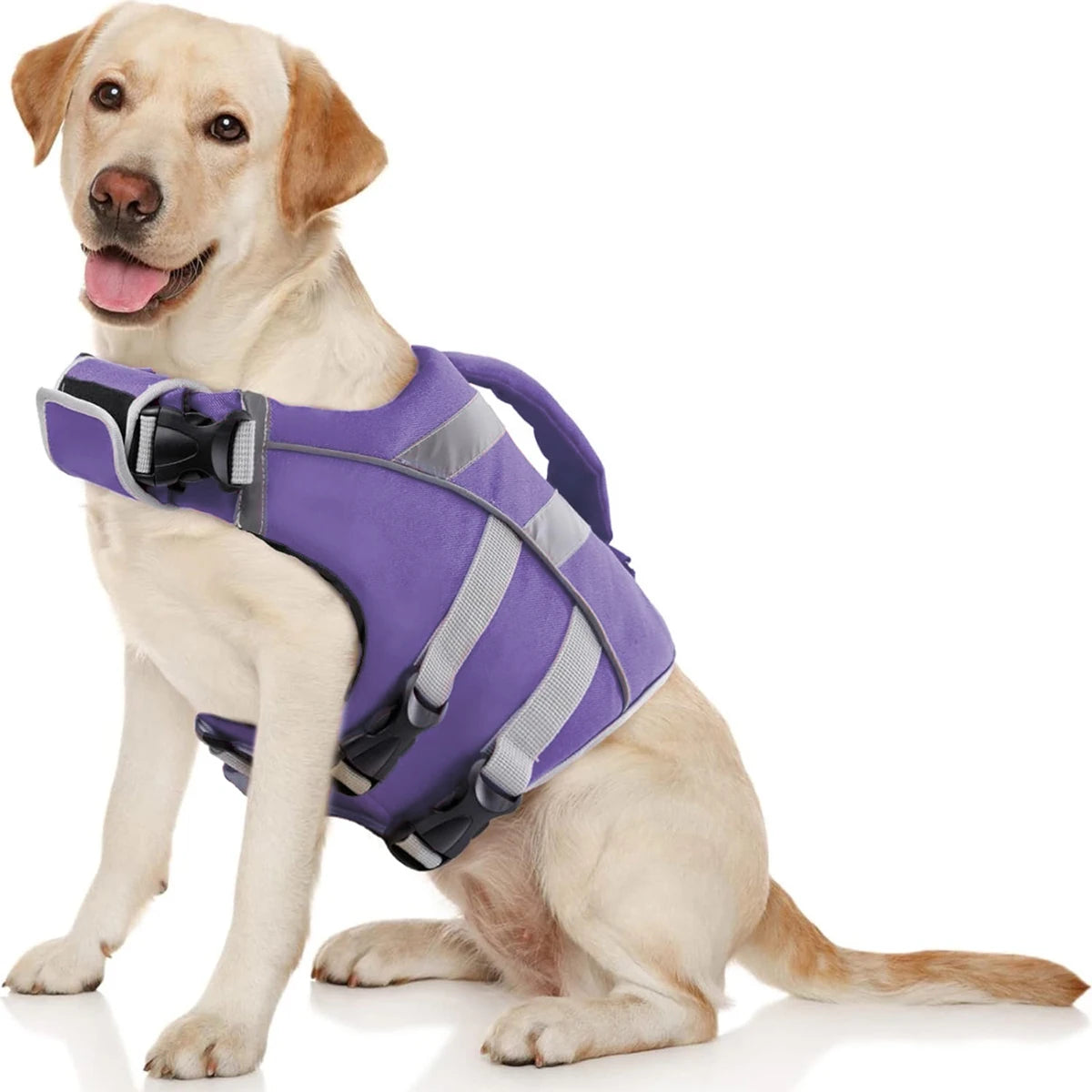 Purple waterproof dog life jacket with reflective stripes and extra stick, premium polyester safety vest for dogs