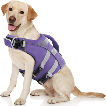 Purple waterproof dog life jacket with reflective stripes and extra stick, premium polyester safety vest for dogs