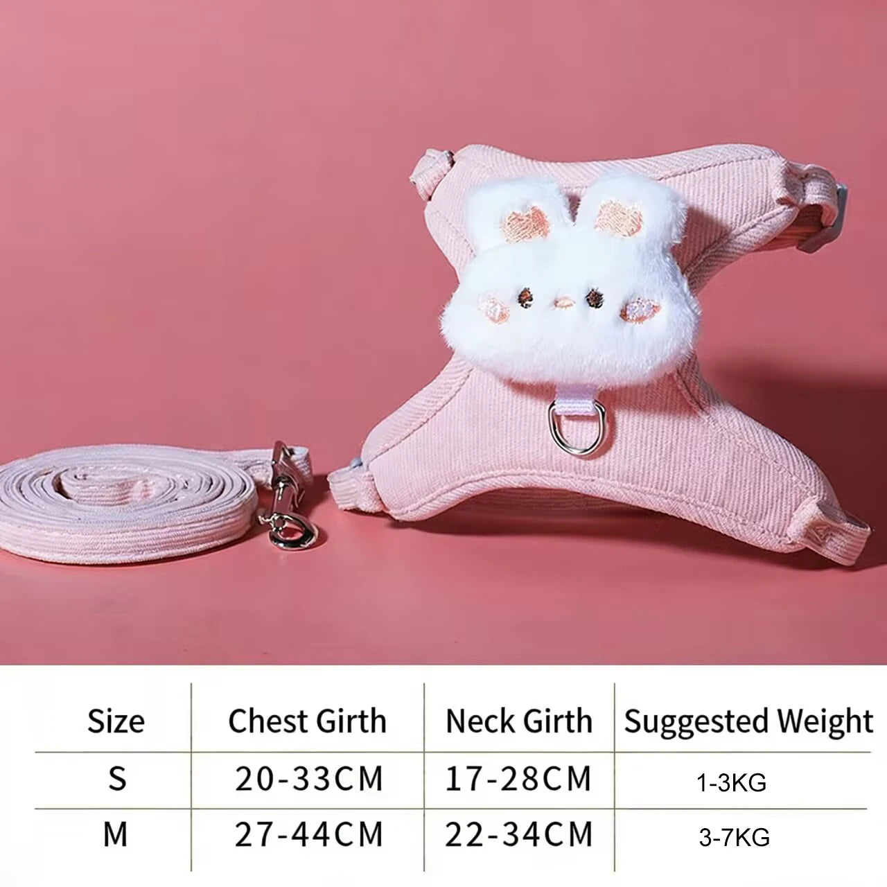 adjustable cat harness and leash set pink rabbit plush small pet harness with size chart for cats and small dogs