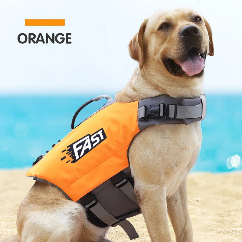 Orange dog life jacket with reflective adjustable straps for dogs swimming in pool, surf, or drifting