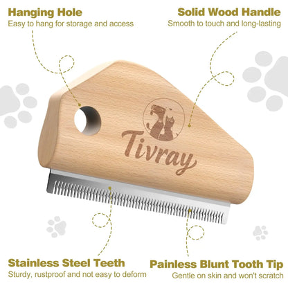 deshedding brush for dogs with solid wood handle, stainless steel teeth, and painless blunt tooth tip