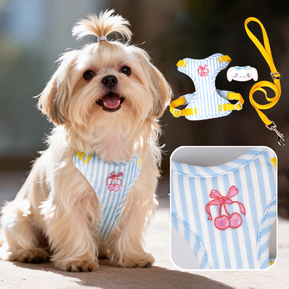 small dog harness leash set for cute puppy, adjustable striped vest harness with leash and plush doll
