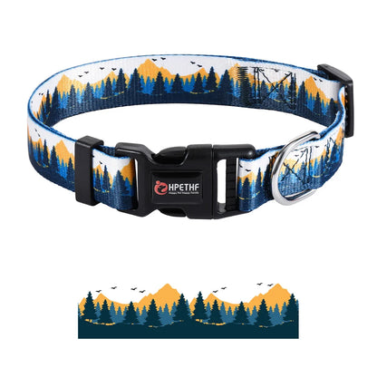 Adjustable nylon dog collar with printed forest pattern, metal D ring, and durable buckle for medium and large dogs