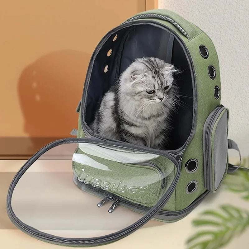 Green cat carrier backpack with transparent front, breathable mesh, and zipper opening for safe pet travel