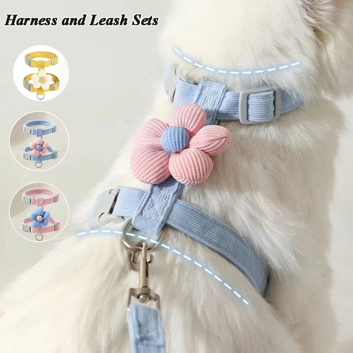 adjustable small dog harness leash set for puppies, breathable flower pet harness and leash set, blue