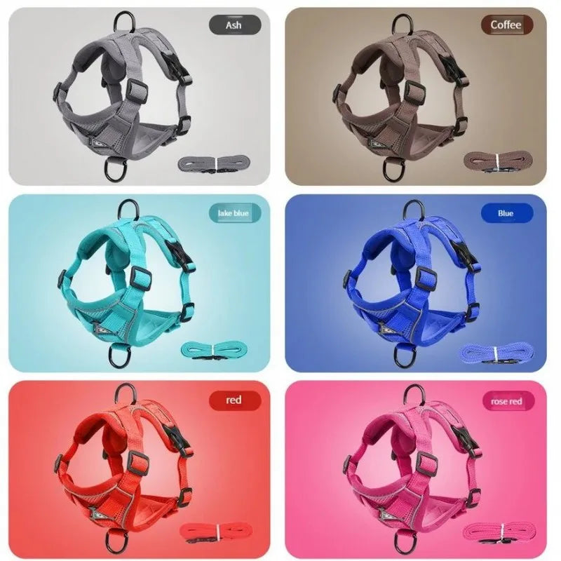 reflective cat harness and leash set breathable mesh pet harness in ash, coffee, blue, red, and pink