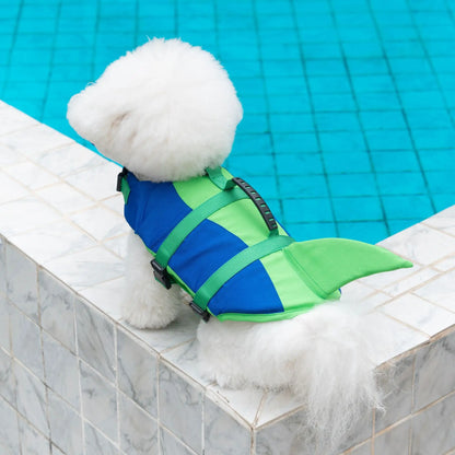 dog life jacket for small dog in pool, blue and green waterproof safety vest with reflective straps