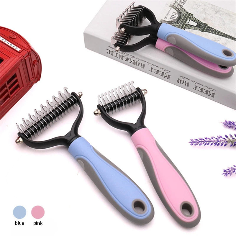double sided pet deshedding brush for dogs and cats, stainless steel grooming rake with blue and pink handles
