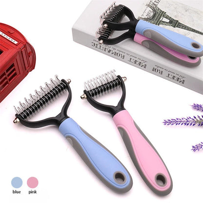 double sided pet deshedding brush for dogs and cats, stainless steel grooming rake with blue and pink handles