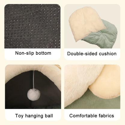 foldable washable cat bed with non-slip bottom, double-sided cushion, toy hanging ball, and comfortable fabrics