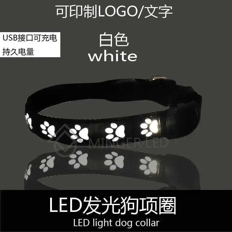 White LED light dog collar with paw print design, USB rechargeable luminous safety dog collar for night walking and pet visibility