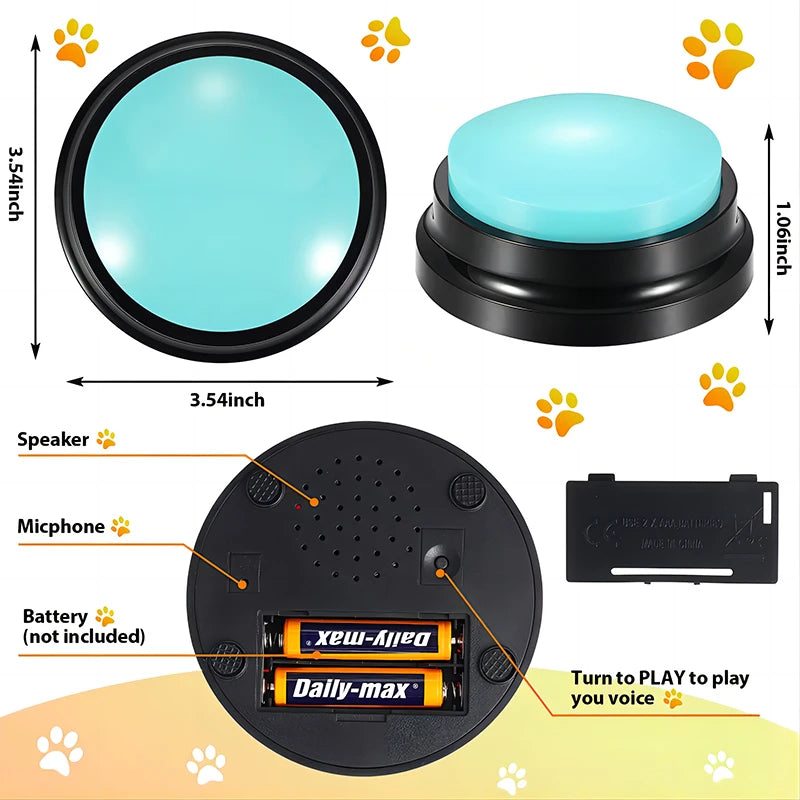 Dog training button with blue top, dimensions and labeled battery, speaker, and microphone compartments shown.