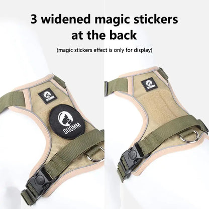 Adjustable reflective dog harness vest with buckle, olive and beige nylon, shown with 3 widened magic stickers at the back