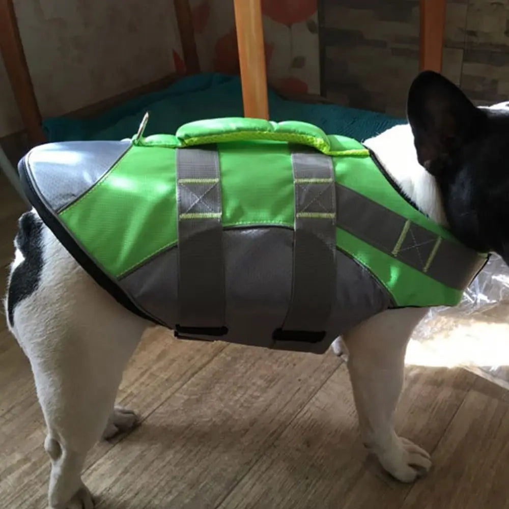 Reflective dog life jacket green adjustable breathable pet safety vest with enhanced buoyancy for swimming and beach use