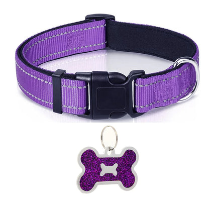 Dog Collar Nylon Soft Padded Adjustable Breathable Durable Comfortable Reflective Pet Collar for Small Medium Large Dog Bone Tag