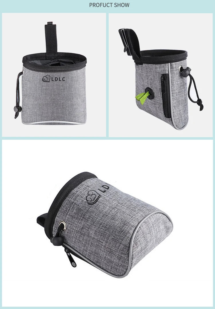 Gray portable dog treat pouch with belt clip, drawstring, and waste bag dispenser.