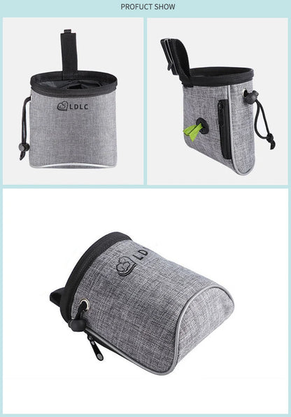 Gray portable dog treat pouch with belt clip, drawstring, and waste bag dispenser.