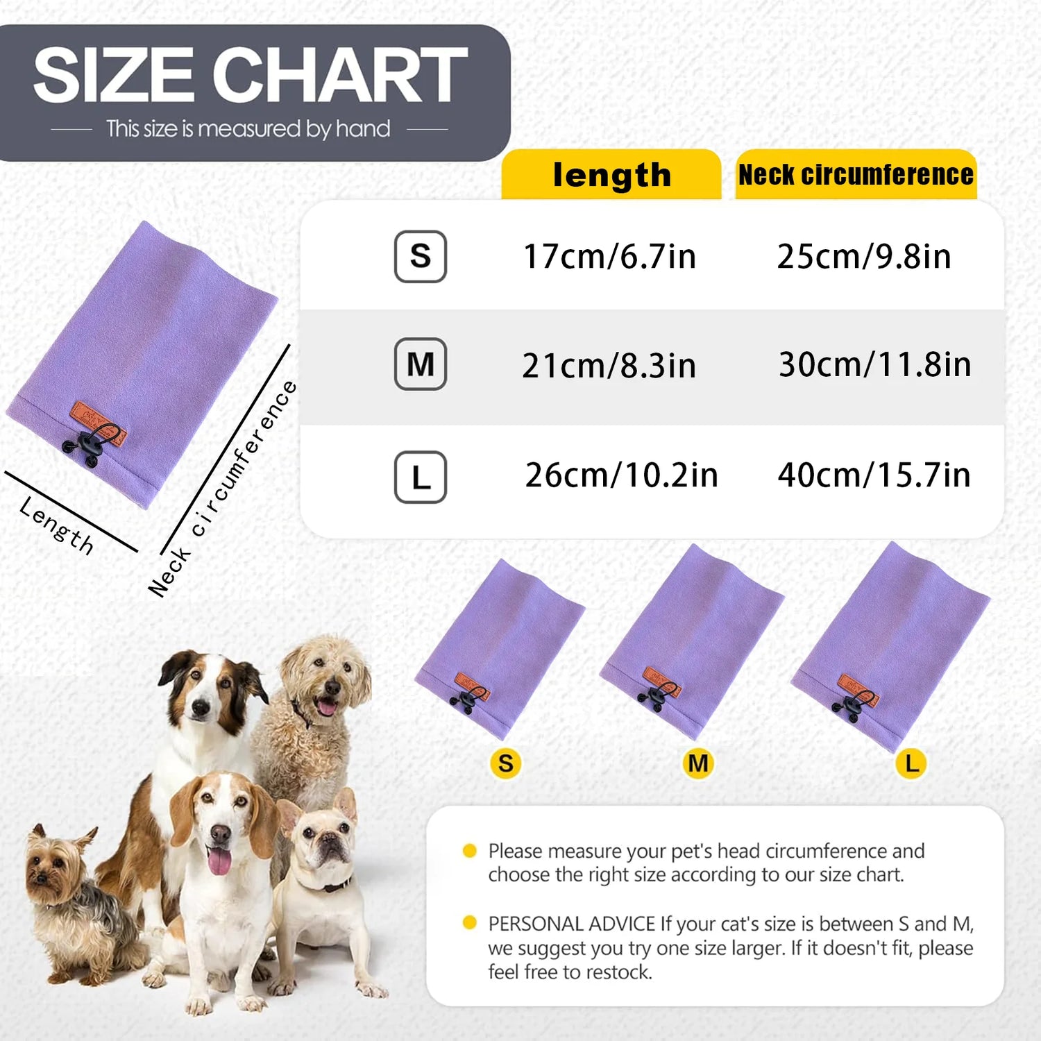 Dog neck warmer size chart with length and neck circumference measurements, three purple options.