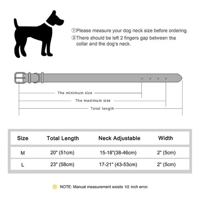 Wide leather dog collar sizing chart for medium and large dogs, showing adjustable neck fit, lengths, and width.
