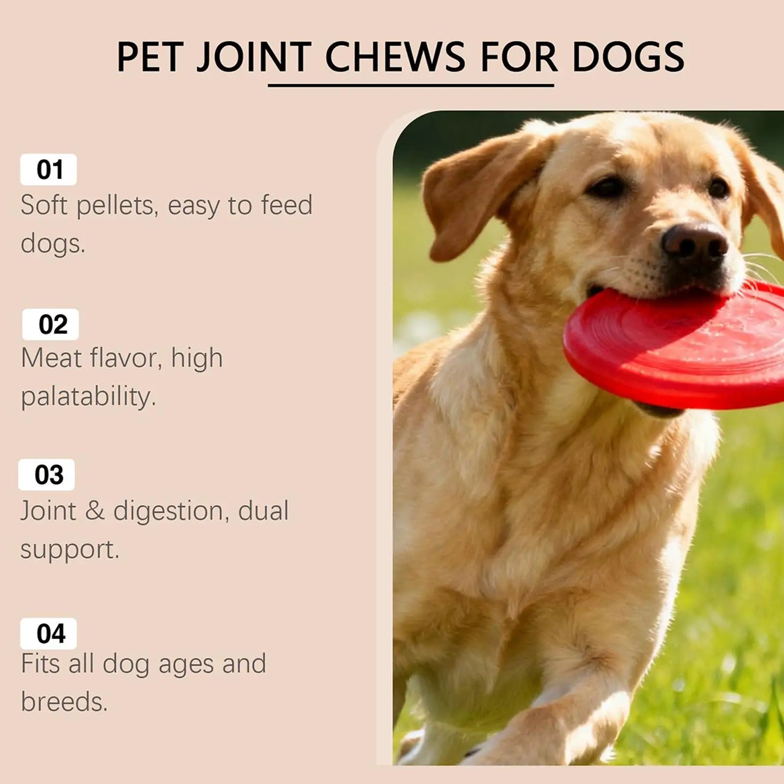 Yellow dog outdoors with red frisbee, pet joint chews benefits listed at left.