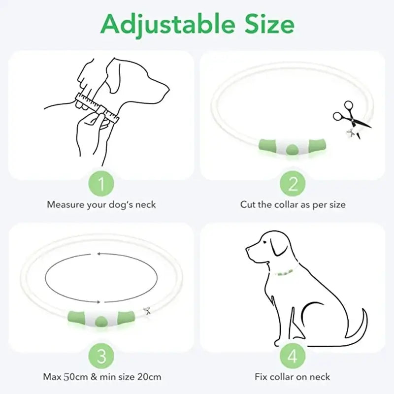 Adjustable size LED dog collar light for measuring, cutting, and fitting a glowing safety pet collar