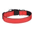 Adjustable red nylon dog collar with black buckle and reflective stitching