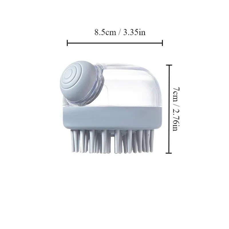Grey silicone pet bath brush with shampoo dispenser, soft grooming bristles, 8.5cm x 7cm compact size for dogs