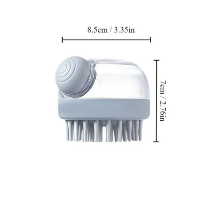 Grey silicone pet bath brush with shampoo dispenser, soft grooming bristles, 8.5cm x 7cm compact size for dogs