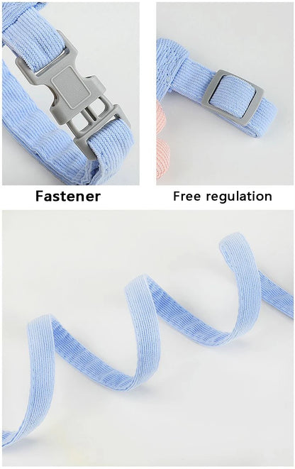 Adjustable small dog harness and leash set with breathable light blue strap, secure fastener, and free regulation design