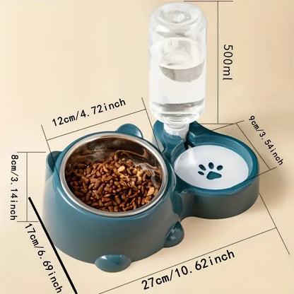 automatic pet feeder and water dispenser with 500ml bottle, slanted mouth cat and dog food bowl, no battery needed