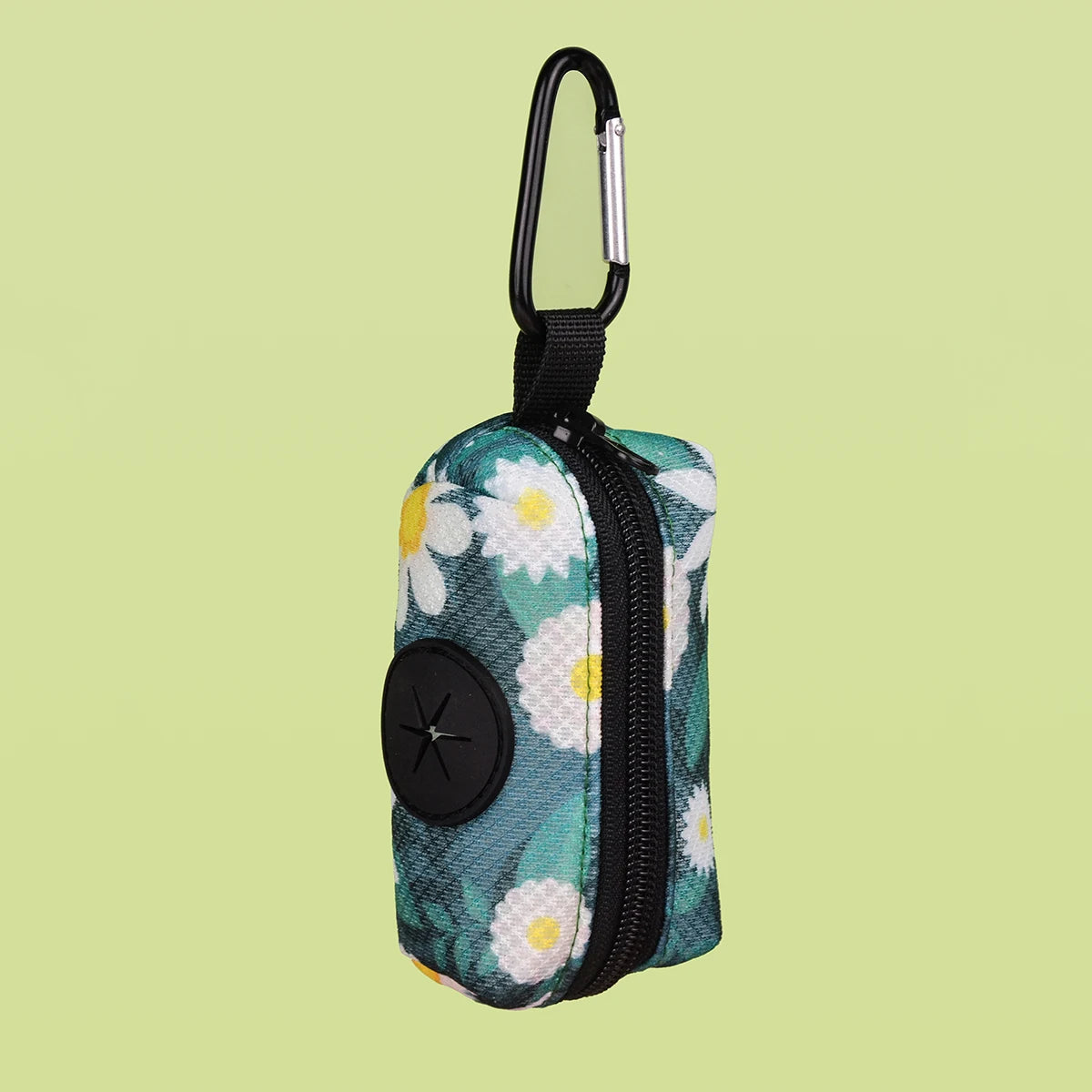 L-size Disy dog poop bag dispenser with floral print, durable leather strap attachment and carabiner, holder only
