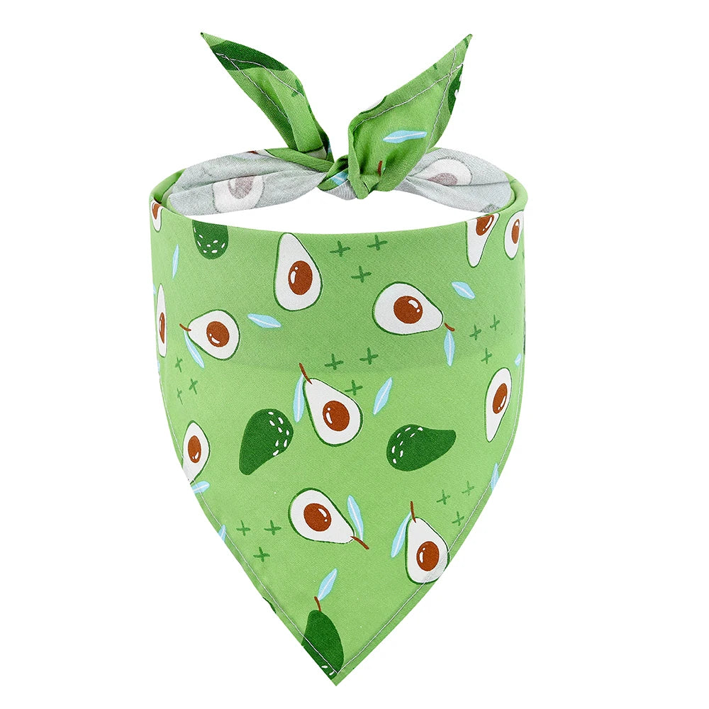 Green dog bandana with avocado print, tied at the top, pet accessory fashion.